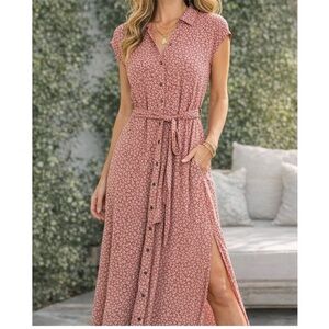 Billabong Pink Floral Midi Dress Cap Sleeve Button Front size Medium